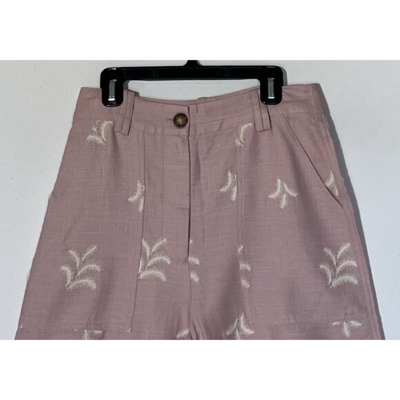 New Zara Pink Linen Blend Floral Embroidered High Rise Wide Leg Boho Pants - Picture 10 of 11